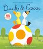 „Duck & Goose“ und „Includes FUN STICKERS!“ Zwei Vögel sitzen auf einem Ball mit bunten Punkten in einer grünen Landschaft.