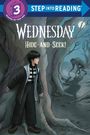 „Wednesday Hide-and-Seek!“ steht auf einer Illustration mit einem Mädchen in Schwarz-Weiß, das sich hinter einem Baum versteckt.