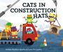 „CATS IN CONSTRUCTION HATS“: Bunte Katzen in Bauhelmen arbeiten an einer Baustelle, heben Kisten und tragen Westen.