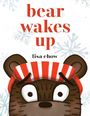 Text: "bear wakes up, lisa chow." Ein illustriertes Bärenkopf mit roter, gestreifter Mütze, umgeben von Schneeflocken.
