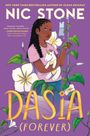 Text: "NIC STONE", "DASIA (FOREVER)". Illustration: Mädchen mit Einhorn-Plüschtier, umgeben von Blumen und Pflanzen.