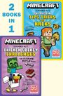 "2 BOOKS IN 1" in blau. Zwei Minecraft-Buchcover: "TIPS, TRICKS AND HACKS" mit Figur und "CHICKEN JOCKEY CHALLENGES" mit Zombie.