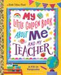 "My Little Golden Book About Me and My Teacher." Bunte Zeichnung mit Regenbogen, Bleistift, Planeten und Globus.