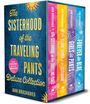 "The Sisterhood of the Traveling Pants Deluxe Collection" von Ann Brashares, vier bunte Buchrücken, Jeanshintergrund.