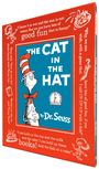 Texte: „THE CAT IN THE HAT“, „By Dr. Seuss“. Illustration: Eine Katze mit einem rot-weiß gestreiften Hut und Fliege.