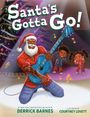 "Santa's Gotta Go!" Oben große, bunte Schrift. Weihnachtsmann spielt Gitarre vor Tannenbaum und Kindern. Illustrierte Szene.