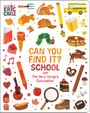 "CAN YOU FIND IT? SCHOOL with The Very Hungry Caterpillar" in bunten Buchstaben. Illustrationen von Schulutensilien und Tieren.