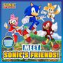MEET SONIC'S FRIENDS! Illustration mit Sonic, Tails, Knuckles und Amy, die in dynamischen Posen springen.