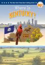 Titel: "Where Is Kentucky?" Mit einer Skyline, einem Kardinalvogel, kleiner Flagge, Reiter und "SANDERS CAFE".