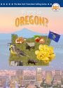 Der Text "Where Is OREGON?" steht über einer Karte von Oregon mit Tater Tots, Haselnüssen, Planwagen und Flagge.
