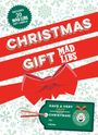 Text: "Includes 20 Mad Libs gift labels! Christmas Gift Mad Libs. Have a very silly adjective Christmas! To: From:"

Ein grünes Etikett, rotes Band. Hintergrund mit Schneeflocken.