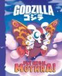Text: "GODZILLA" oben, auf Japanisch darunter. "FLY HIGH, MOTHRA!" unten. Illustration zeigt eine fröhliche, bunte Motte in der Luft.