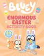 "BLUEY ENORMOUS EASTER ACTIVITY BOOK. 64 PAGES OF EASTER FUN." Zwei Cartoon-Hunde bemalen Ostereier mit Hasenohren.