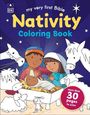 "my very first Bible Nativity Coloring Book, More than 30 pages to color." Illustration von Jesu Geburtsszene mit Tieren.