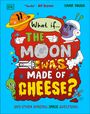 "Terrific" - Bill Bryson. What if... The Moon Was Made of Cheese? Illustrierter, bunter Hintergrund mit Planeten, Raketen, Alien.