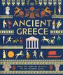 "Ancient Greece" in großen Buchstaben, darunter "From the gods of Olympus to the Olympic Games". Griechische Motive und Figuren.