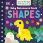 "Glow-in-the-dark Dinosaurs. Baby Diplodocus finds SHAPES". Illustration eines lächelnden Dinosauriers mit Eiern und Formen.