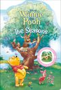 "Winnie the Pooh: The Seasons" steht auf einer Illustration. Winnie Pooh schaut eine Blume an, während Ferkel daneben steht.