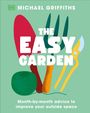 "THE EASY GARDEN" in großen Buchstaben, Gartengeräte in lebhaften Farben auf grünem Hintergrund dargestellt.
