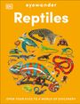 Text: "Reptiles", "OPEN YOUR EYES TO A WORLD OF DISCOVERY". Bunte Reptilien auf orangem Hintergrund.