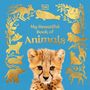 "My Beautiful Book of Animals." Ein Cheetah-Junges in der Mitte, umgeben von goldenen Tierzeichnungen auf blauem Hintergrund.