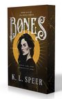 "Book One of The Bones Series", darunter "What are you surviving for?". Porträt einer Frau vor goldenem Hintergrund.