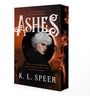 Buchcover: "ASHES", "WHO DETERMINES THE SAVED AND THE SACRIFICED?", von K. L. Speer. Illustration mit weißhaariger Figur.