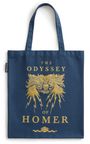 Text: "THE ODYSSEY OF HOMER". Illustration: Eine goldene, stilisierte Blitze und Gesicht auf einer blauen Stofftasche.