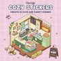 Texte: "COZY STICKERS", "CREATE 10 CUTE AND COMFY SCENES", "Over 400 stickers". Illustration eines gemütlichen Cafés mit Figuren.