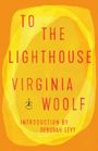 Text: "To the Lighthouse Virginia Woolf." Hintergrund: Orange mit gelbem, abstraktem Muster. Kleines Logo unten links.
