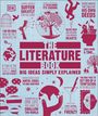 "THE LITERATURE BOOK" in großen Buchstaben, darum Zitate und Illustrationen wie ein Baum und eine Weltkugel in Rot auf Blau.