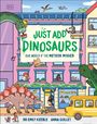 Text: "Just Add Dinosaurs. Our World If the Meteor Missed."
Illustration: Ein Gebäude mit Dinosauriern, Menschen und einem Bus.