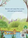 Text: "Discover each season like a curious child exploring his backyard." Illustration: Ente mit Küken im Teich, Frosch am Ufer.