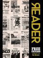 "Free Chicago: 50 Years of the Reader" in gelber Schrift vor Zeitungscovern auf beigem Hintergrund.