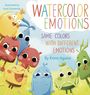 Buchtitel: "Watercolor Emotions". Untertitel: "Same Colors with Different Emotions". Illustration mit bunten, emotionalen Figuren.