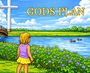 Text: "GODS PLAN" und "By: Bryanna Cross". Illustration: Mädchen am Fluss, große Landschaft mit Kreuz und Enten.