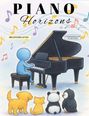 „Piano Horizons: Beginner Level.“ Illustration: Figur spielt Klavier, Tiere lauschen. Bunte Noten im Hintergrund.