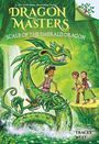 Text: "Dragon Masters: Scale of the Emerald Dragon." Illustration eines Jungen auf einem grünen Drachen am Wasserfall.