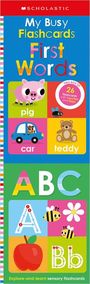 "My Busy Flashcards First Words" oben, farbenfrohe Bilder, darunter Wörter wie "pig", "car", "teddy".
