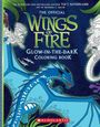 Text: "Wings of Fire: Glow-in-the-Dark Coloring Book". Ein blauer Drache windet sich auf einem dunklen Hintergrund.
