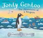 Text: "Jonty Gentoo: The Adventures of a Penguin". Pinguin auf Eisschollen im Meer, Vogel, zwei Seehunde und ein Schiff.