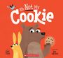 Text: "It's Not My Cookie". Illustration eines Bären mit einem Keks und einem skeptischen Hasen auf rotem Hintergrund.