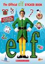 Text: "The Official elf STICKER BOOK", "INCLUDES OVER 100 STICKERS AND TWELVE SCENES!" Illustration eines fröhlichen Elfen.