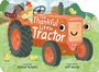 "The Thankful Little Tractor" in großen weißen Buchstaben auf einem fröhlich blickenden, orangefarbenen Traktor mit Tieren.