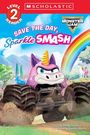 „Save the Day, Sparkle Smash“, ein lila Monstertruck mit Einhornkopf fährt durch Schmutz, Regenbogen im Hintergrund.