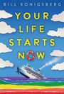 YOUR LIFE STARTS NOW. Ein Schiff fährt auf buntem Meer, ein Mann springt ins Wasser.