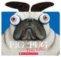 „PIG the PUG, PIG’S EARS“, Illustration eines Mopses mit großen Augen und flauschigen Ohren auf blauem Hintergrund.