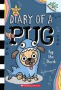 "Diary of a Pug: Pug the Shark" steht oben. Ein Comic-Pug im süßen Hai-Kostüm mit großen Augen und einer Knopfnase.