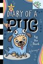 "Diary of a Pug", "Pug the Shark". Ein Mops im Hai-Kostüm. Bunte, verspielte Illustrationen mit einem Logo oben rechts.