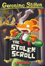 "THE STOLEN SCROLL", ein schreckhaft aussehender Mausfigur in Anzug vor ägyptischem Hintergrund.